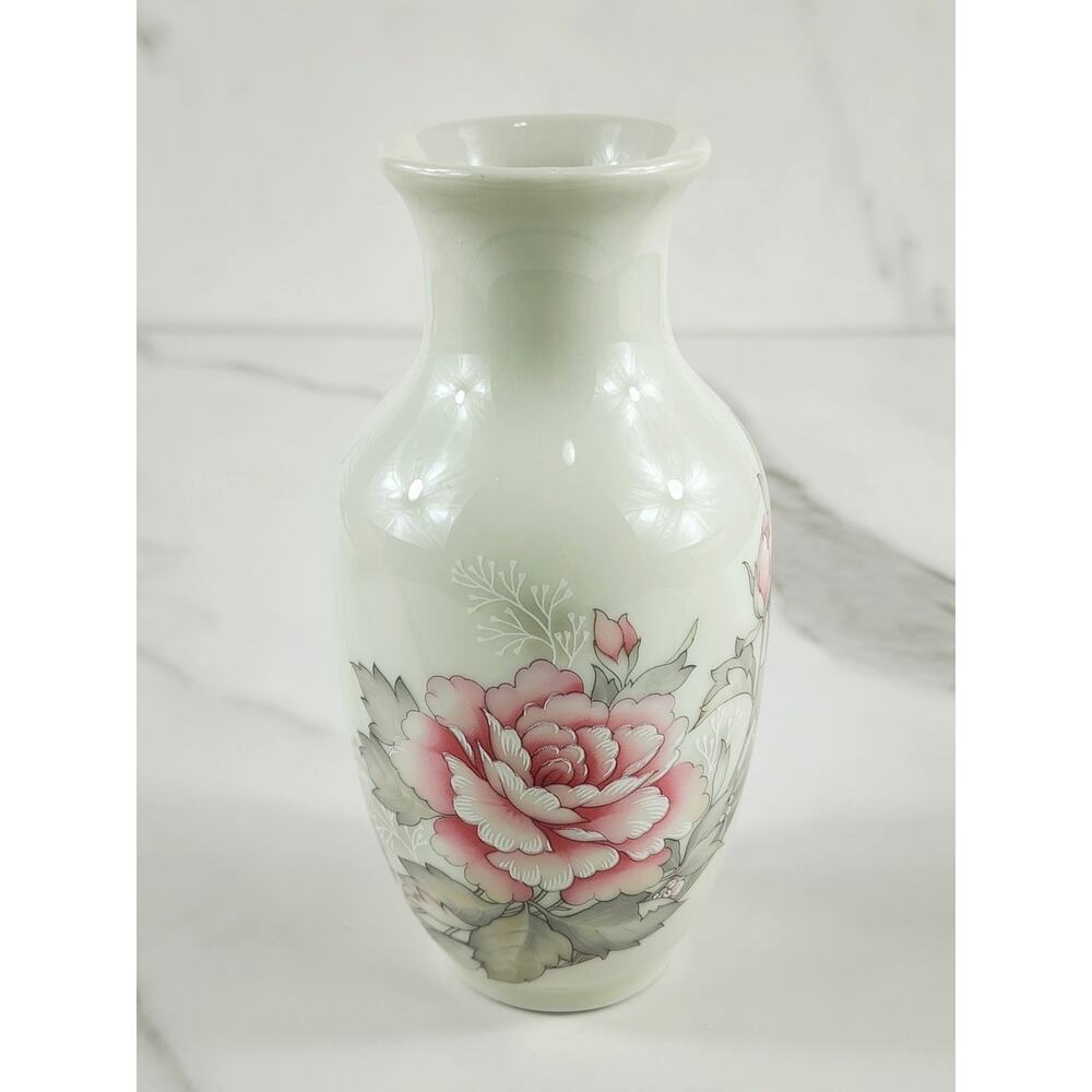 Russ Small Bud Vase Floral Design 5 1/2" Porcelain Pink Peonies Japan 80s Vtg